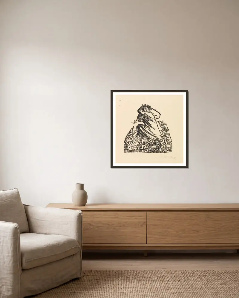Holzschnitt aus Der Kopf av Ernst Barlach inramad på en vägg