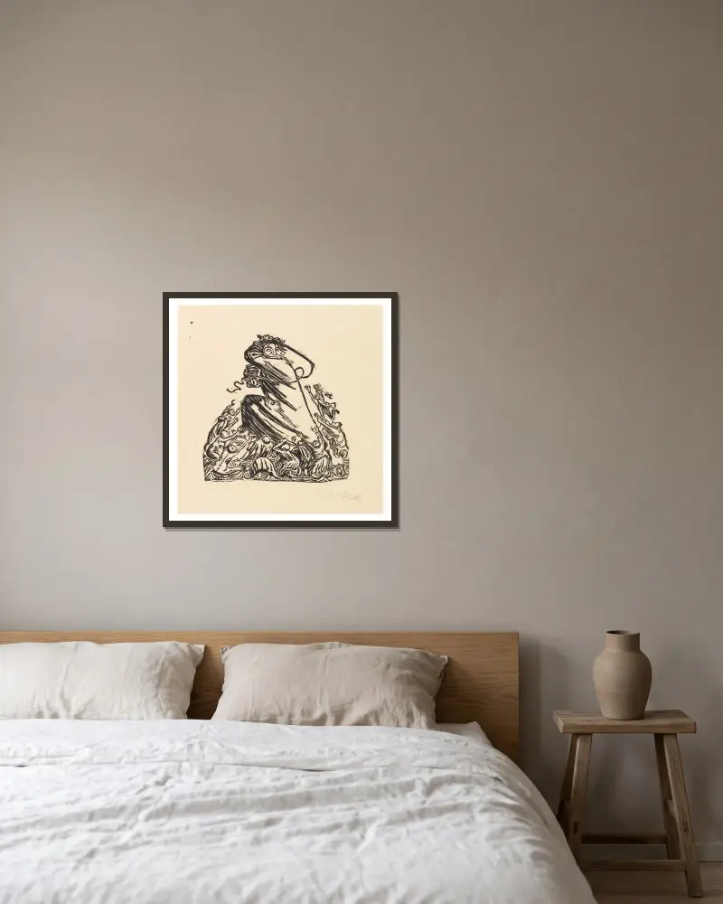 Holzschnitt aus Der Kopf av Ernst Barlach inramad på en vägg