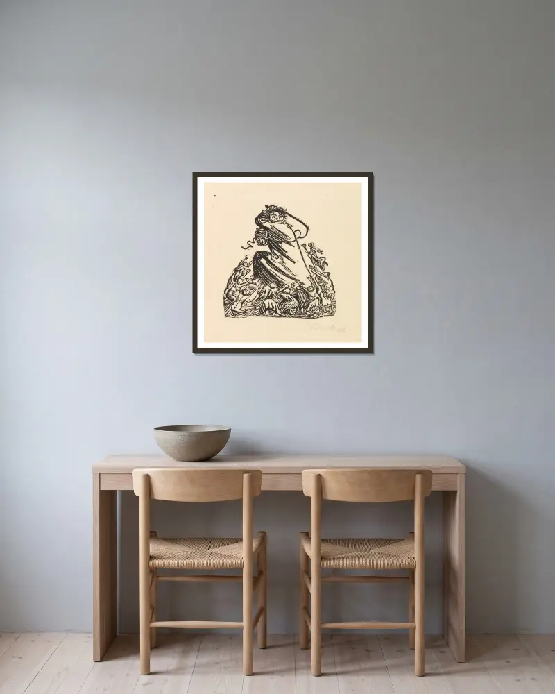 Holzschnitt aus Der Kopf av Ernst Barlach inramad på en vägg
