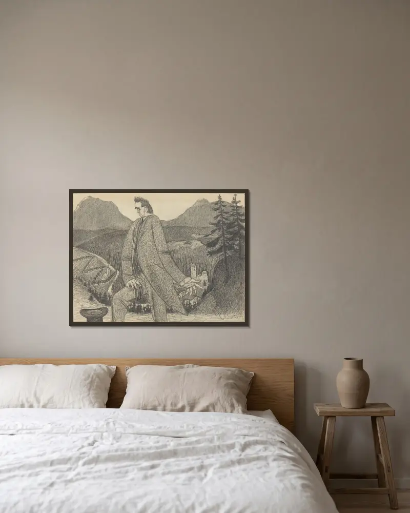 Man of Heights av Ernst Barlach inramad på en vägg