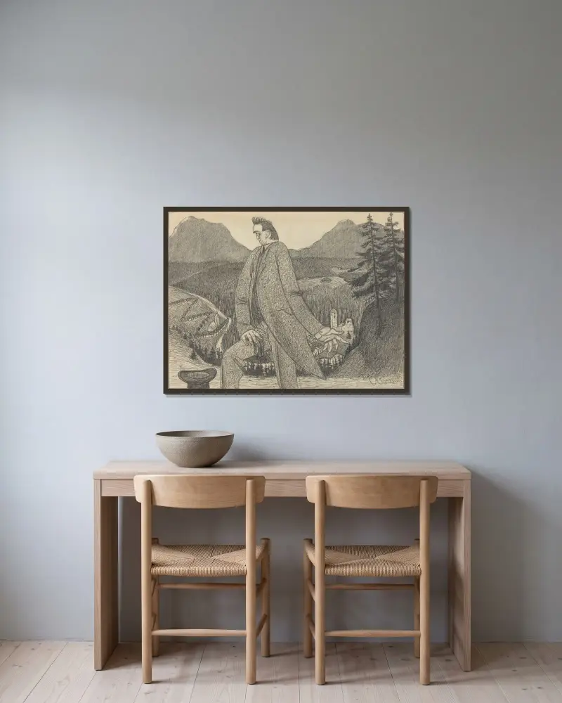 Man of Heights av Ernst Barlach inramad på en vägg