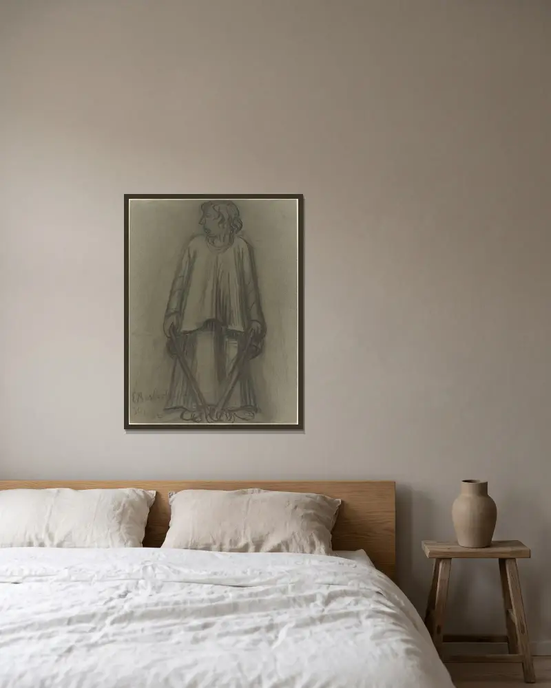 Stehende Figur mit erloschenen Fackeln von Ernst Barlach gerahmt an einer Wand