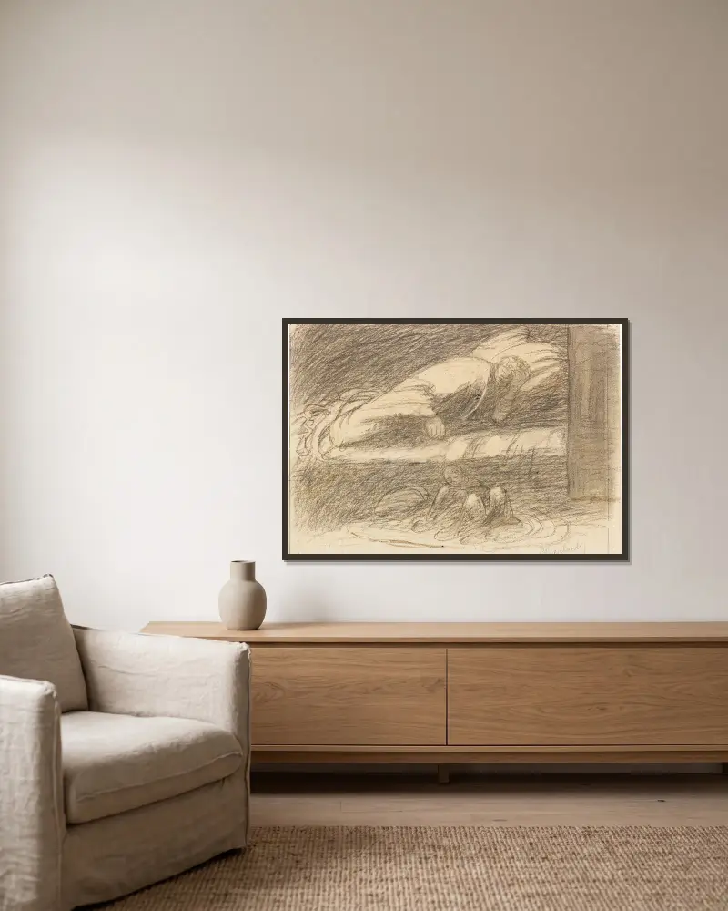 Träumender Jüngling von Ernst Barlach gerahmt an einer Wand