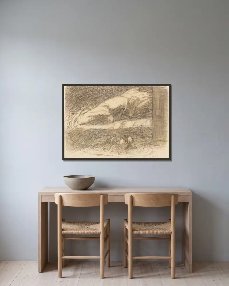 Träumender Jüngling von Ernst Barlach gerahmt an einer Wand