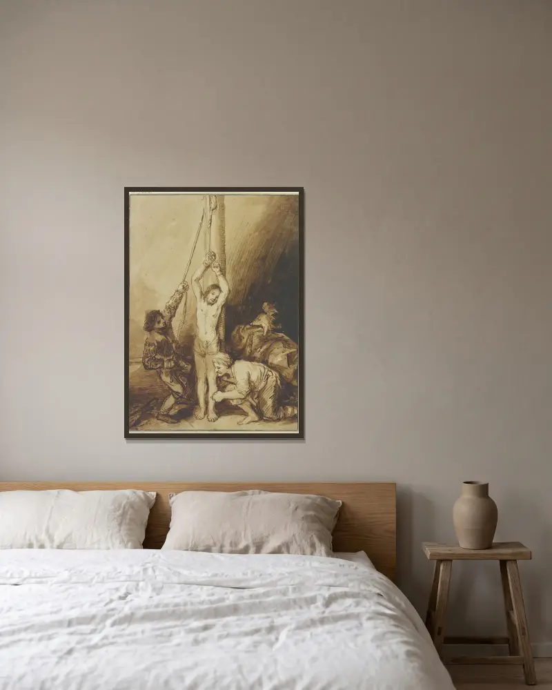 Christus an der Martersäule, in der Manier Rembrandts av Christian Wilhelm Ernst Dietrich inramad på en vägg