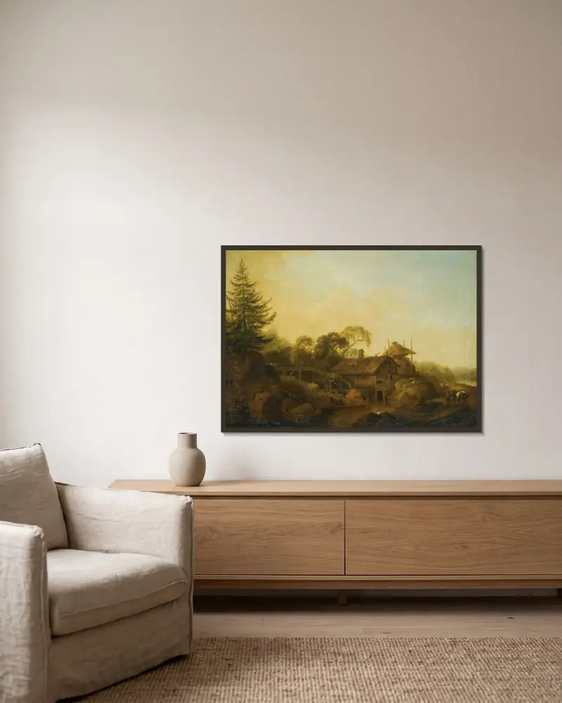Landschaft mit Mühlen am Waldrand von Christian Wilhelm Ernst Dietrich gerahmt an einer Wand