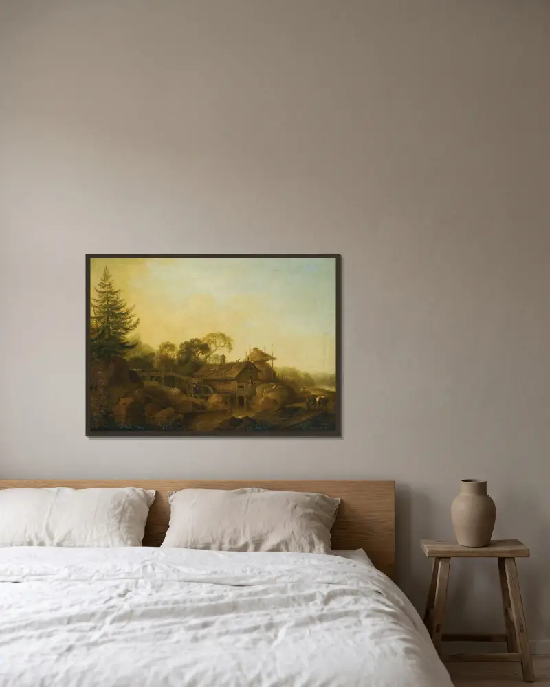 Landschaft mit Mühlen am Waldrand von Christian Wilhelm Ernst Dietrich gerahmt an einer Wand
