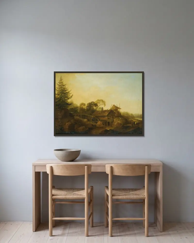 Landschaft mit Mühlen am Waldrand von Christian Wilhelm Ernst Dietrich gerahmt an einer Wand