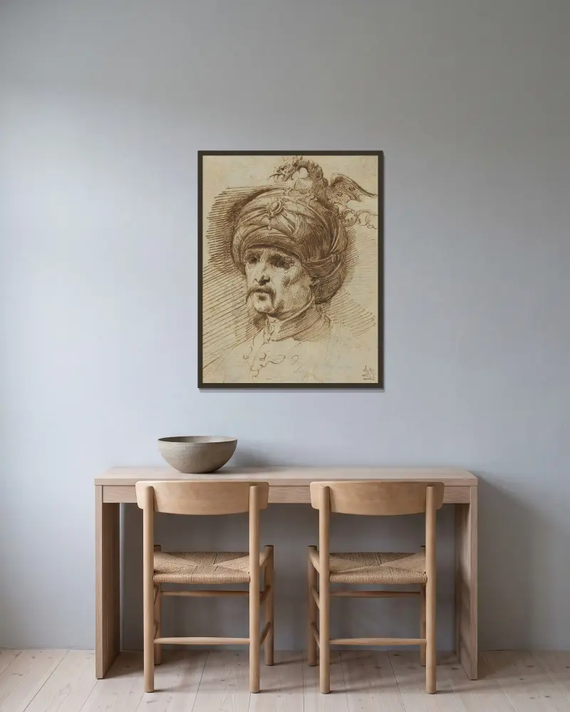 Oriental i fantastisk huvudbonad av Christian Wilhelm Ernst Dietrich inramad på en vägg