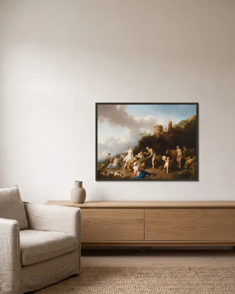 Pastorale Landschaft mit Diana und ihren Nymphen von Christian Wilhelm Ernst Dietrich gerahmt an einer Wand