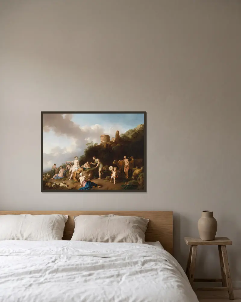 Pastorale Landschaft mit Diana und ihren Nymphen von Christian Wilhelm Ernst Dietrich gerahmt an einer Wand