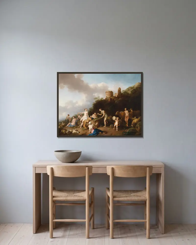 Pastorale Landschaft mit Diana und ihren Nymphen von Christian Wilhelm Ernst Dietrich gerahmt an einer Wand
