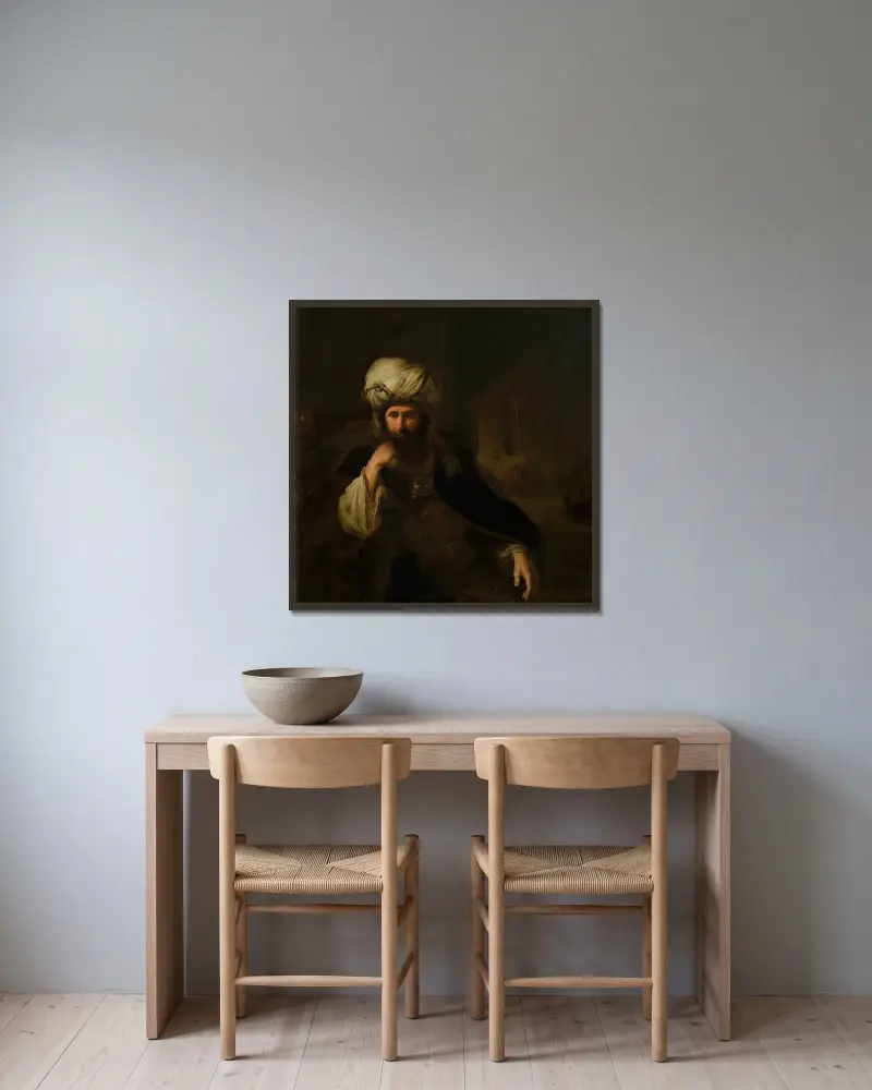Portrait of a Man in Eastern Attire av Christian Wilhelm Ernst Dietrich inramad på en vägg