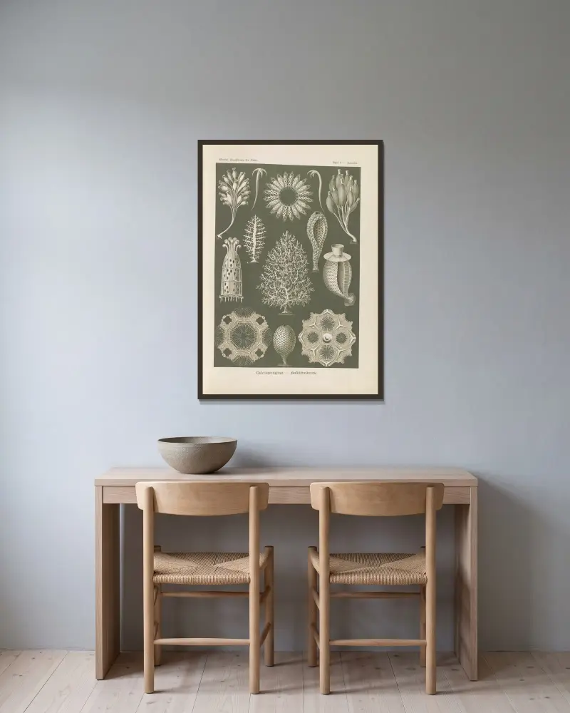 Calcispongiae. – Kalkschwämme von Ernst Haeckel gerahmt an einer Wand