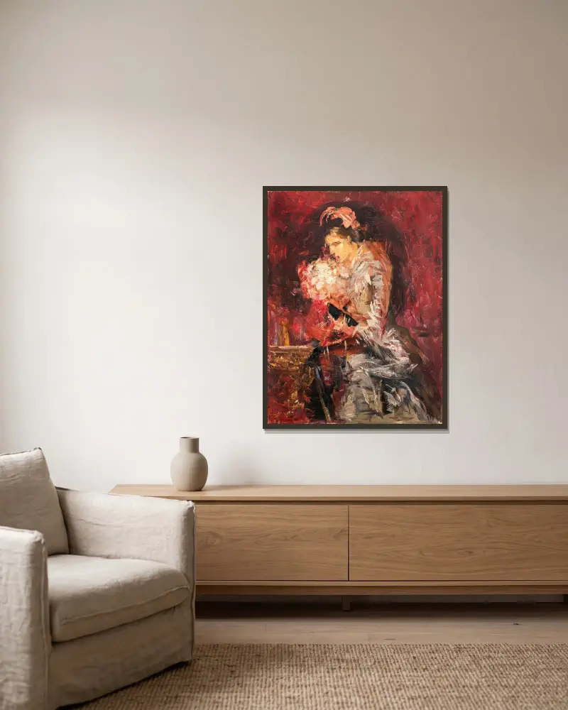 Dame mit Blumenstrauß, Skizze von Ernst Josephson gerahmt an einer Wand