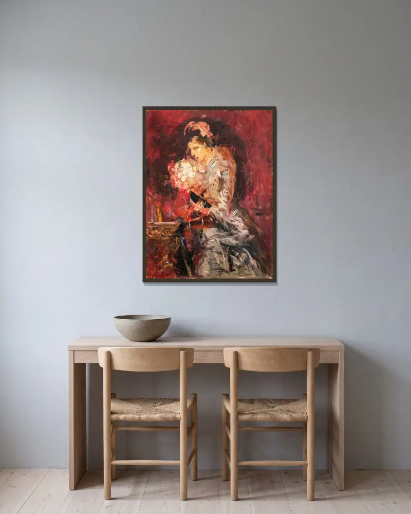 Dame mit Blumenstrauß, Skizze von Ernst Josephson gerahmt an einer Wand