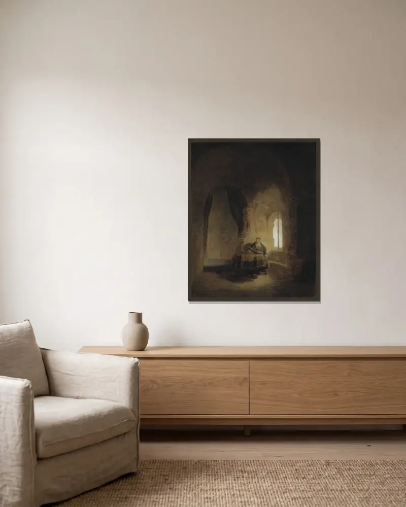 Saint Anastase. After Rembrandt av Ernst Josephson inramad på en vägg