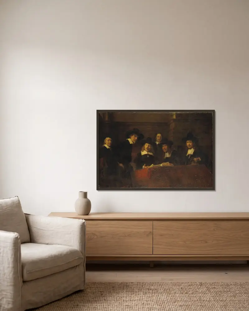 Staalmeesters. After Rembrandt av Ernst Josephson inramad på en vägg