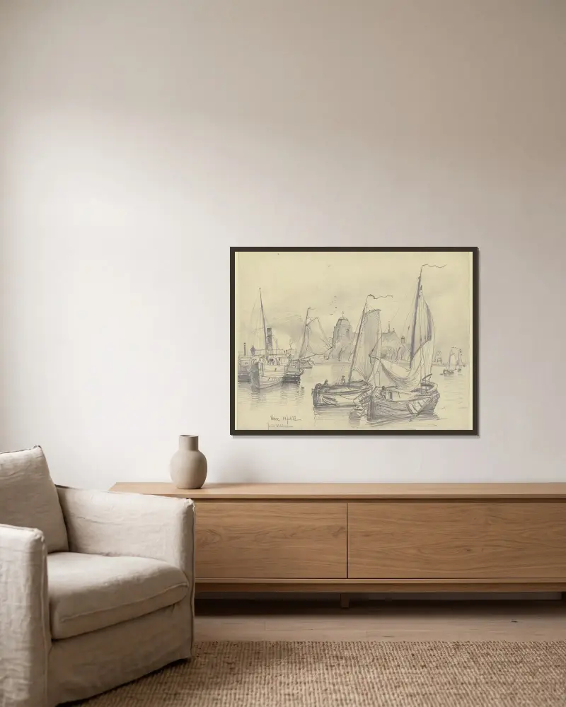 In the port of Veere av Friedrich Ernst Morgenstern inramad på en vägg