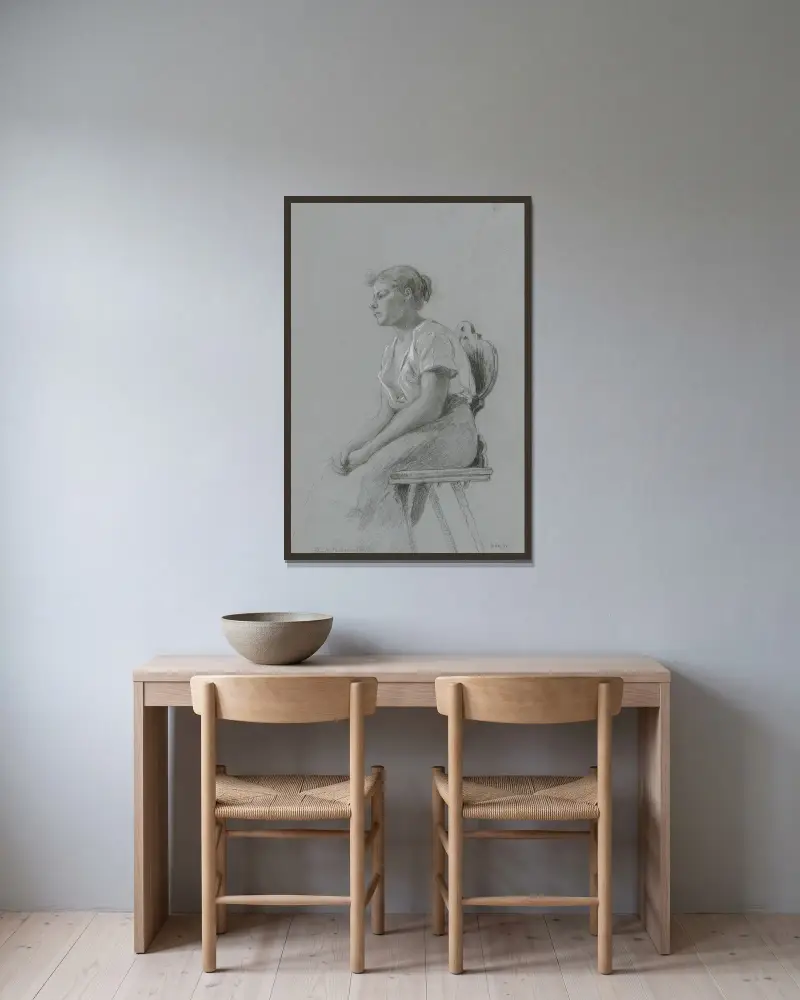 Sitzendes junges Mädchen mit geöffneter Bluse nach links av Friedrich Ernst Morgenstern inramad på en vägg