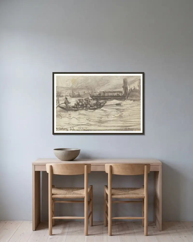 Dampfschiff und Boot von Friedrich Ernst Morgenstern gerahmt an einer Wand