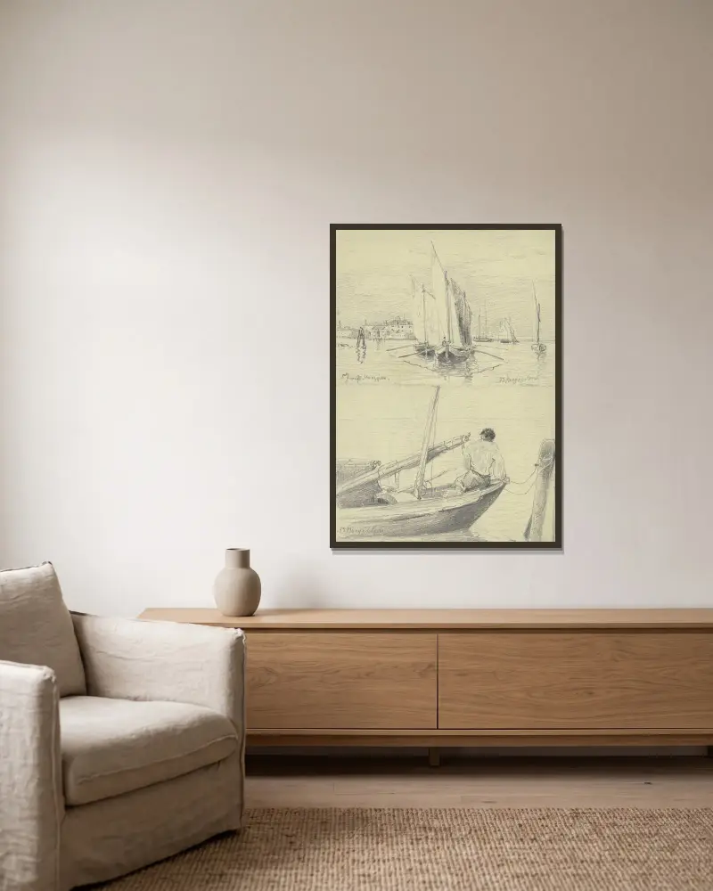 Studienblatt; Fischerboote bei Chioggia av Friedrich Ernst Morgenstern inramad på en vägg