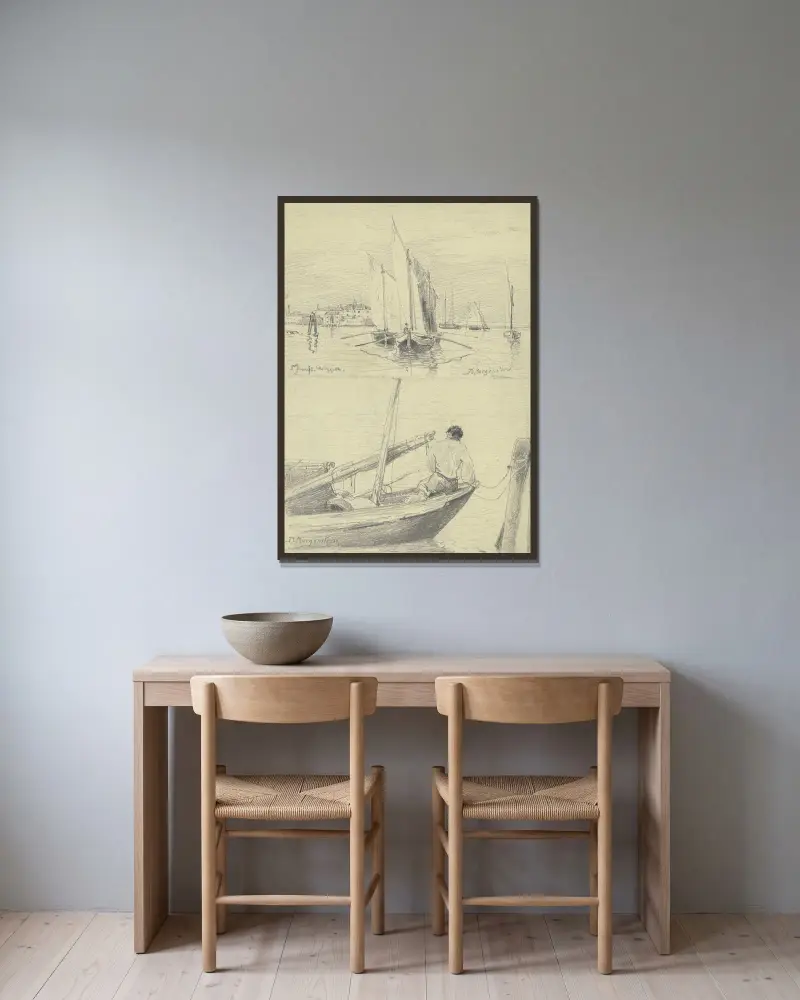 Studienblatt; Fischerboote bei Chioggia av Friedrich Ernst Morgenstern inramad på en vägg