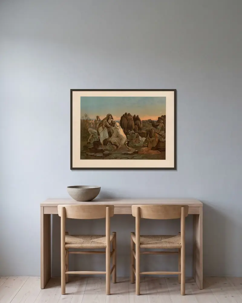 Rebekah and Eliezer av Ernst Pessler inramad på en vägg