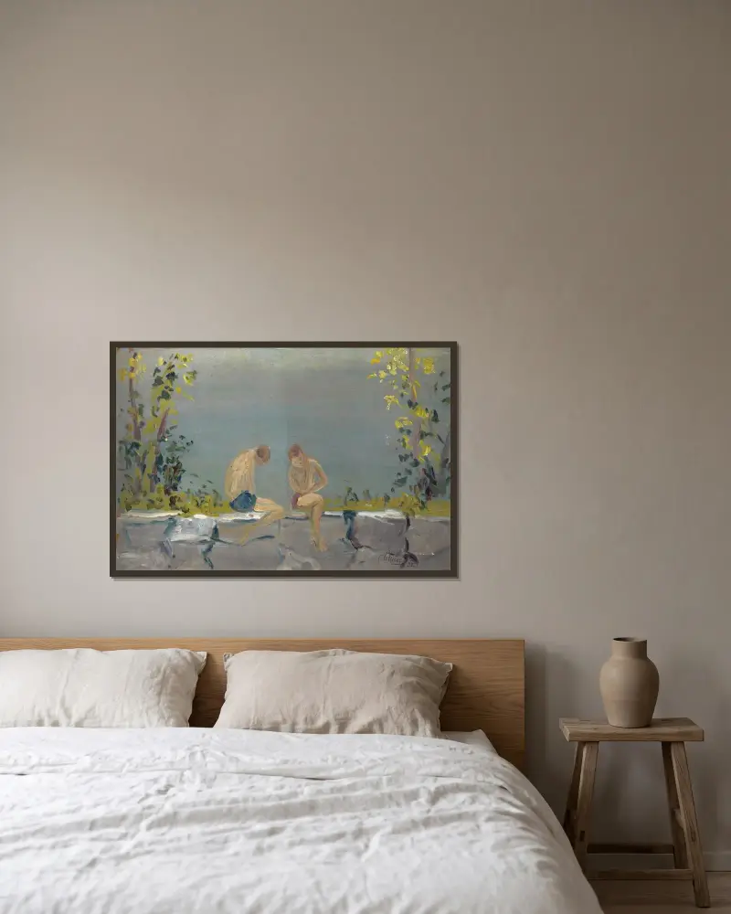 Badande pojkar på en mur vid en sjö av Ernst Schiess inramad på en vägg
