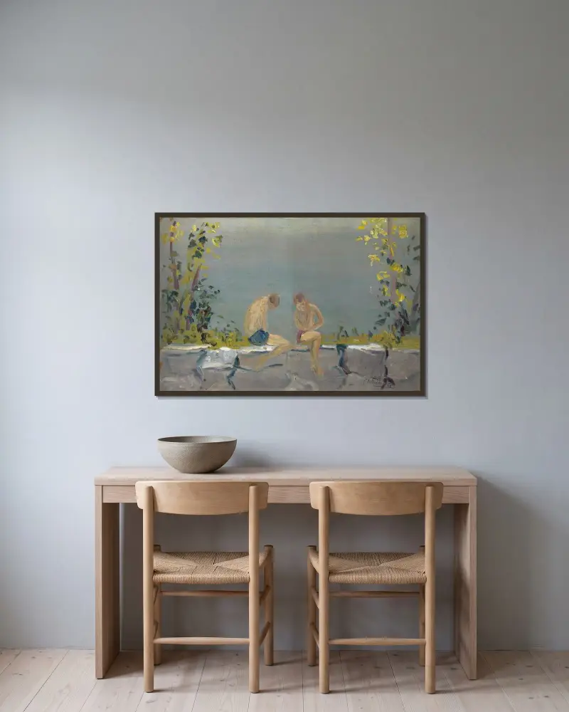 Badande pojkar på en mur vid en sjö av Ernst Schiess inramad på en vägg