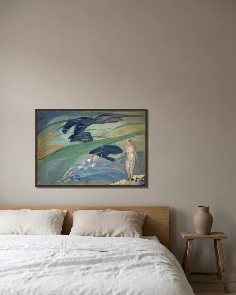 Badende Mädchen von Ernst Schiess gerahmt an einer Wand