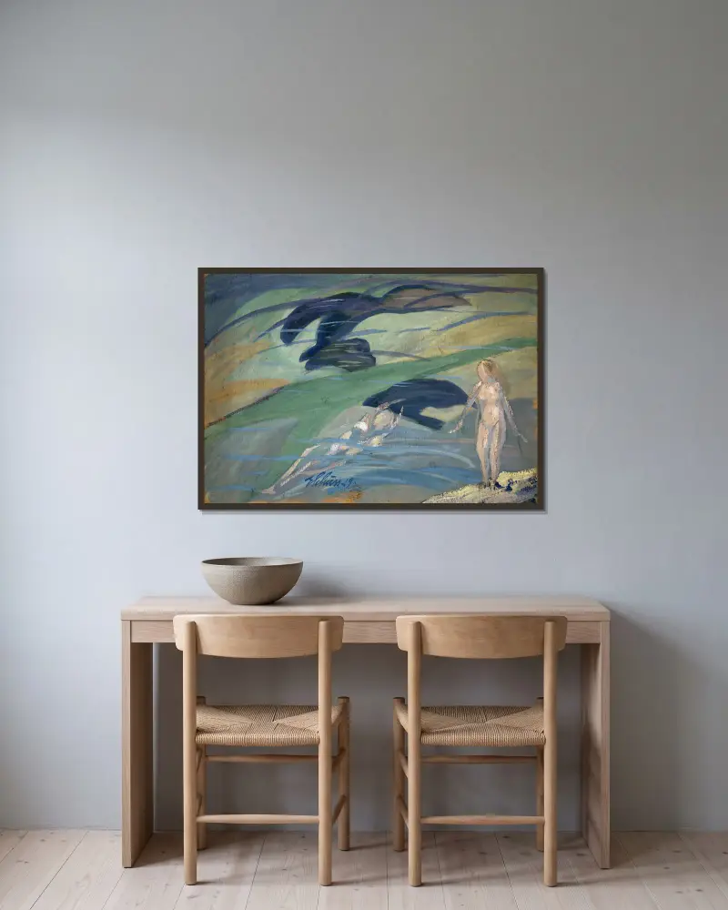 Badende Mädchen von Ernst Schiess gerahmt an einer Wand