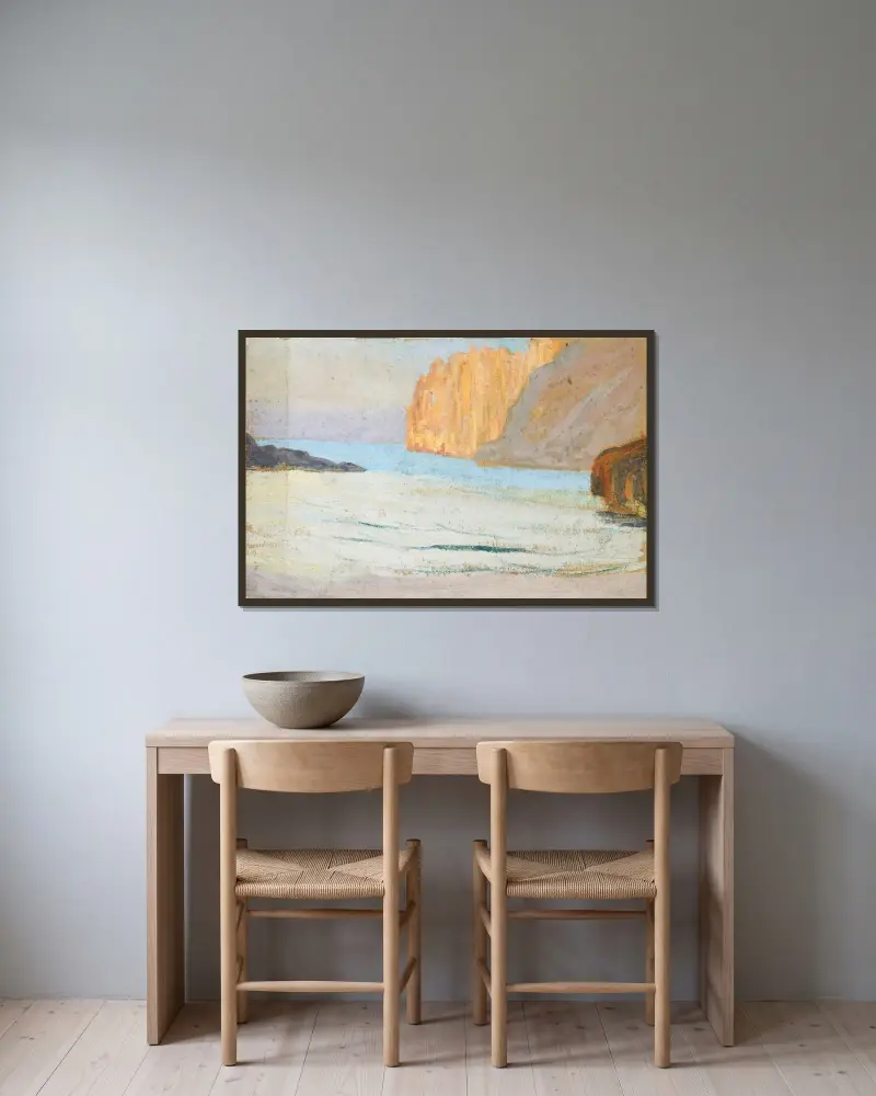 Vik vid havet med klippor av Ernst Schiess inramad på en vägg