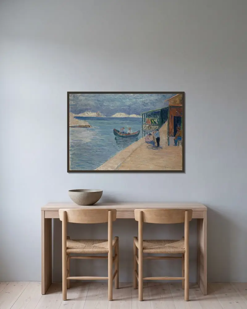 Strand med fiskarkrog av Ernst Schiess inramad på en vägg
