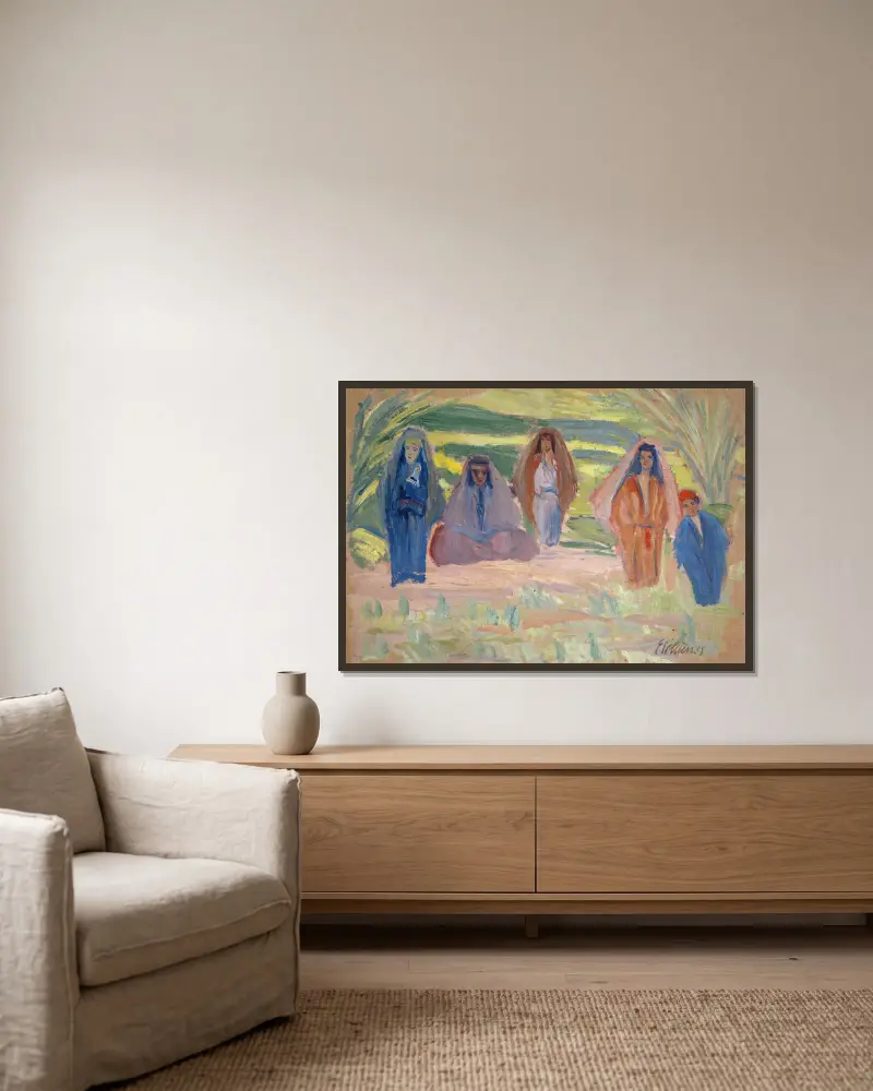 Fünf Beduinen von Ernst Schiess gerahmt an einer Wand