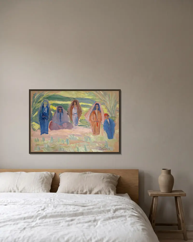 Fünf Beduinen von Ernst Schiess gerahmt an einer Wand