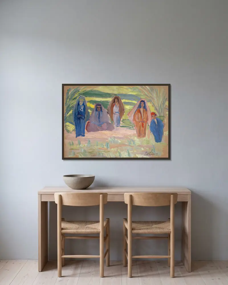 Fünf Beduinen von Ernst Schiess gerahmt an einer Wand