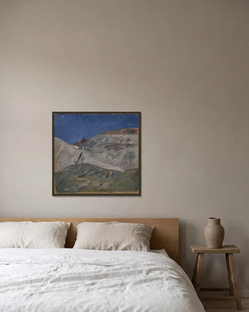 Gebirgslandschaft av Ernst Schiess inramad på en vägg