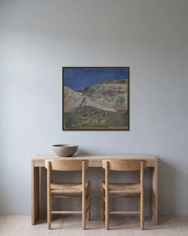 Gebirgslandschaft av Ernst Schiess inramad på en vägg