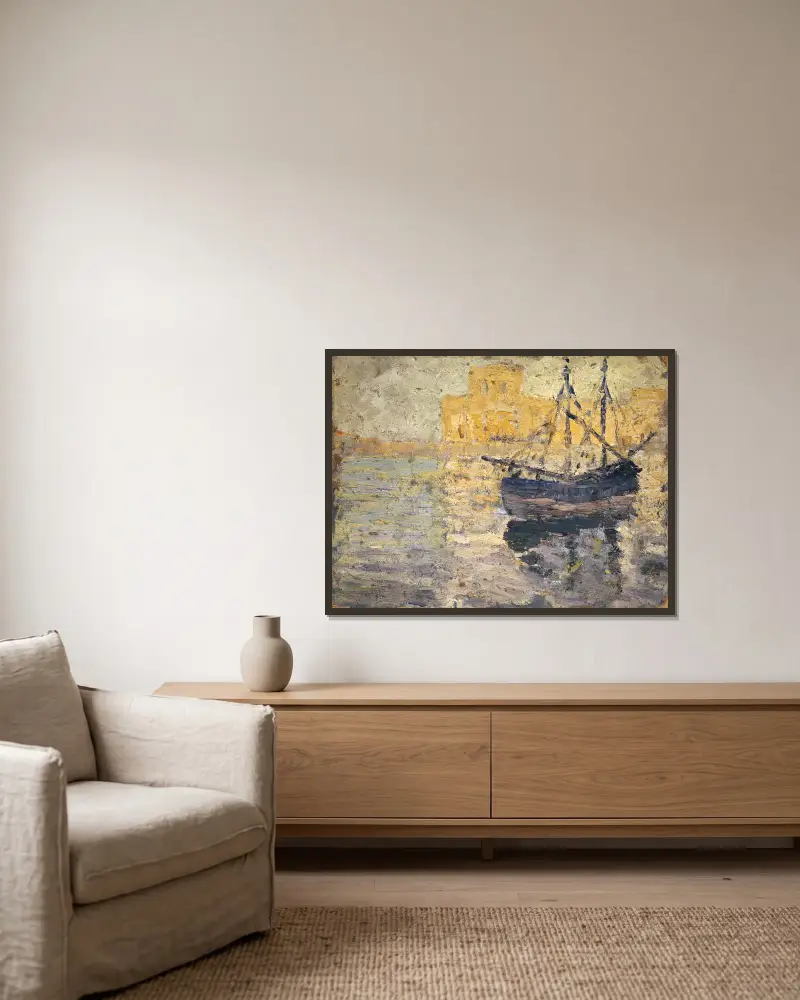 Hafen mit Segelboot von Ernst Schiess gerahmt an einer Wand