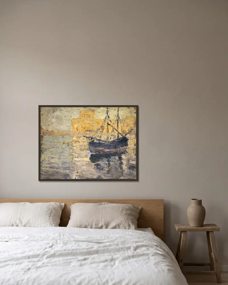 Hafen mit Segelboot von Ernst Schiess gerahmt an einer Wand