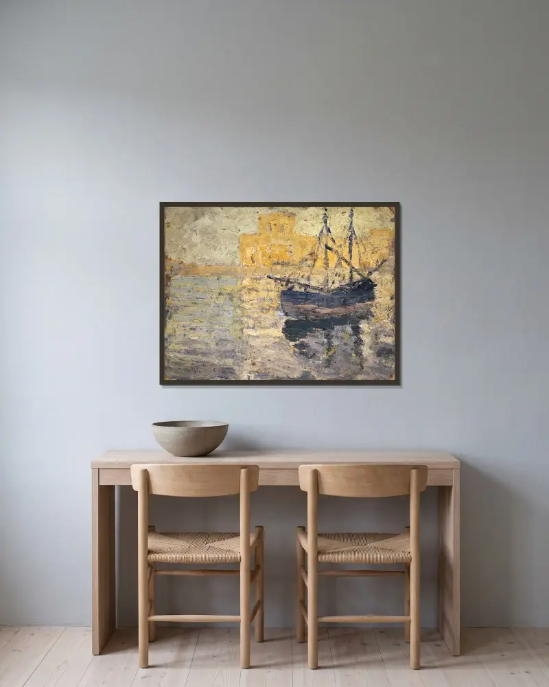 Hafen mit Segelboot von Ernst Schiess gerahmt an einer Wand