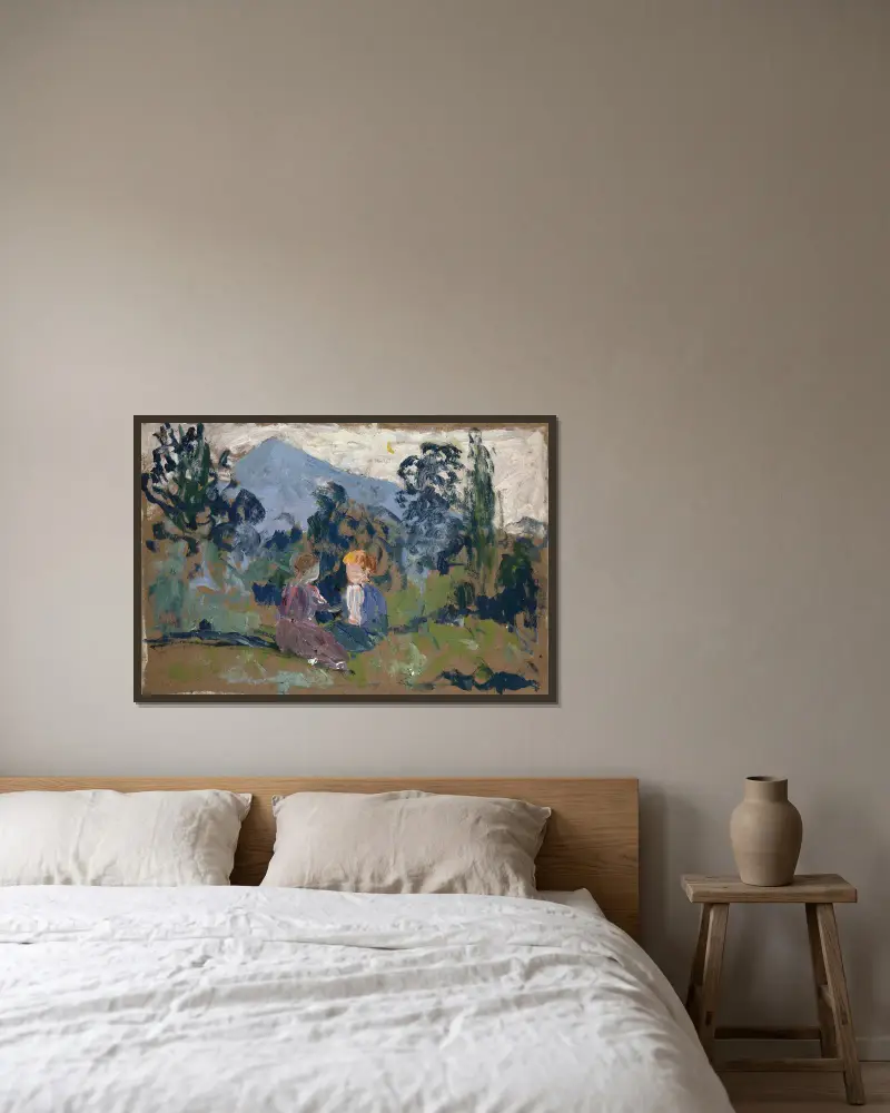 Kinder im Grünen von Ernst Schiess gerahmt an einer Wand