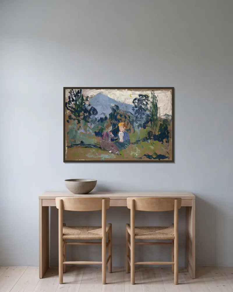 Kinder im Grünen von Ernst Schiess gerahmt an einer Wand