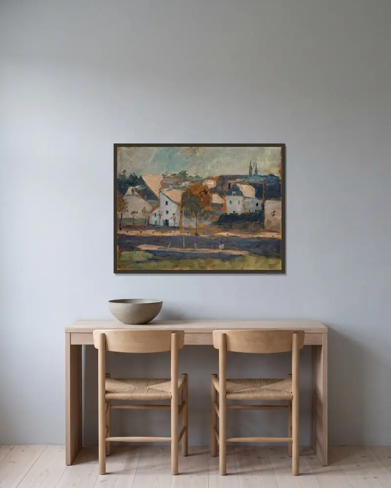 Liten stad vid kanal av Ernst Schiess inramad på en vägg