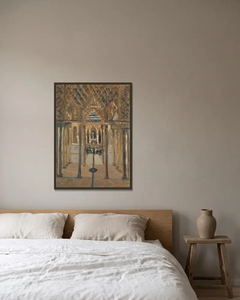 Lejongården i Alhambra av Ernst Schiess inramad på en vägg