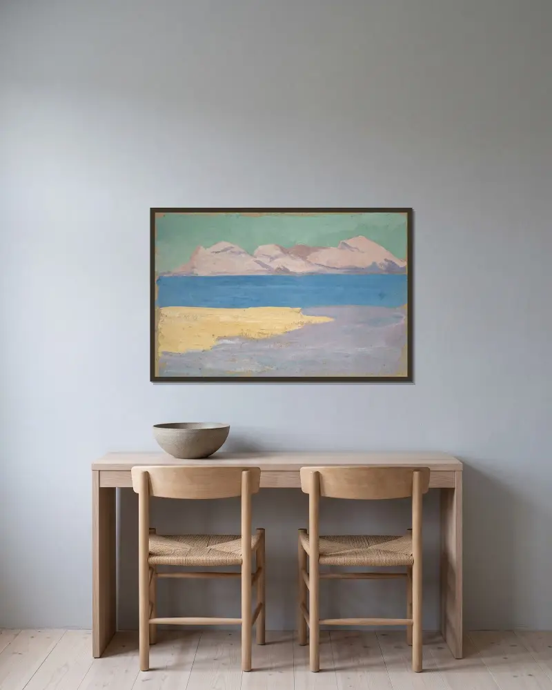 Havsvik och avlägsen bergskedja av Ernst Schiess inramad på en vägg