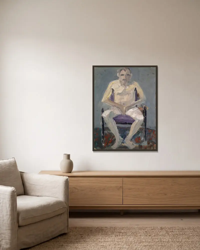 Nude on a Upholstered Chair av Ernst Schiess inramad på en vägg