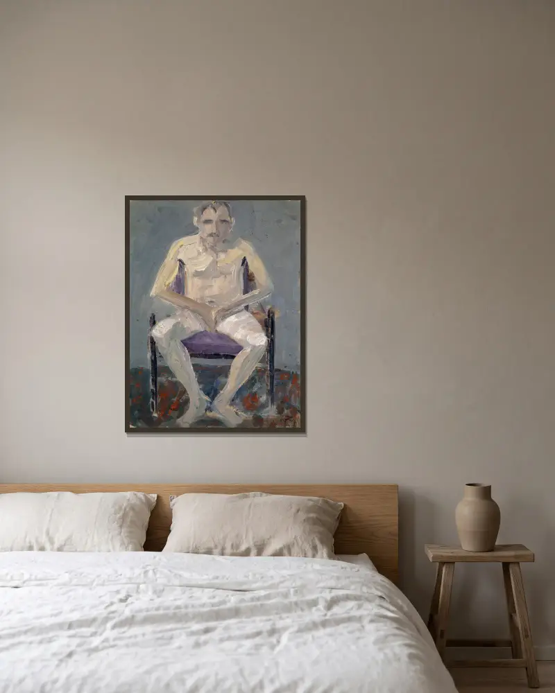 Nude on a Upholstered Chair av Ernst Schiess inramad på en vägg