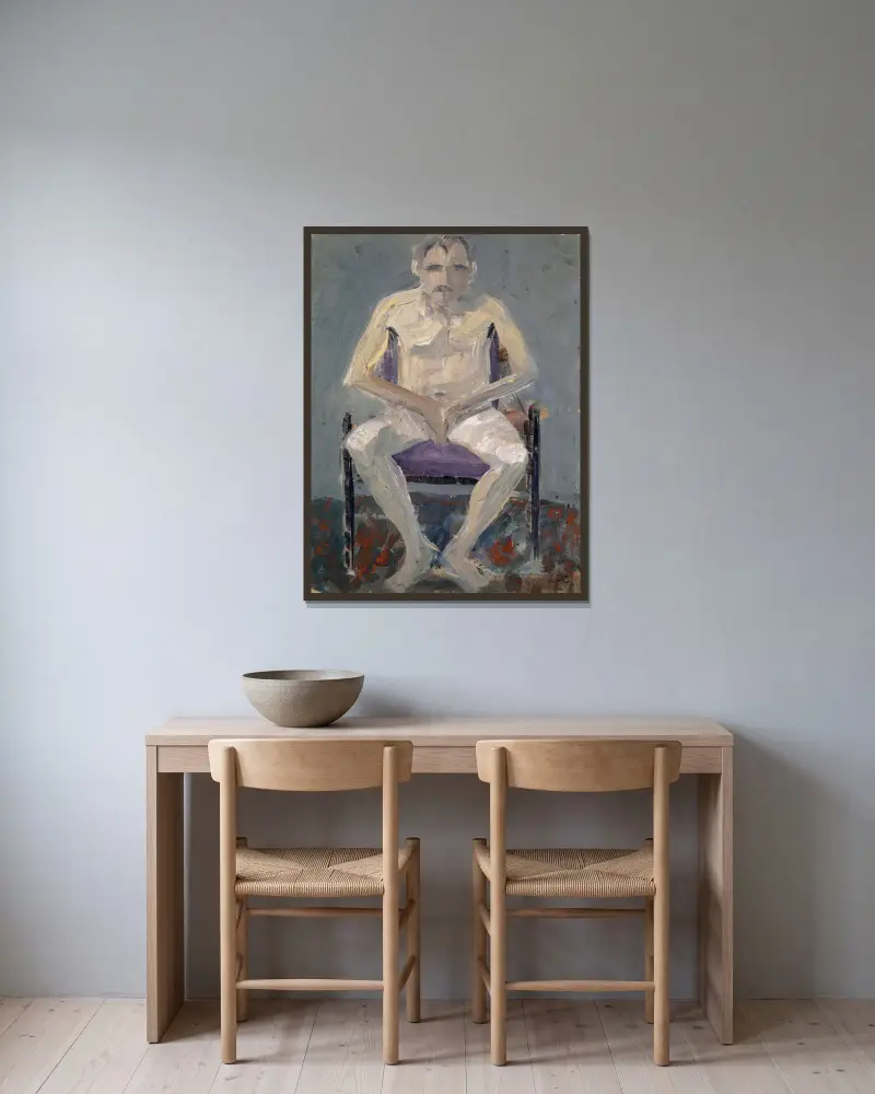 Nude on a Upholstered Chair av Ernst Schiess inramad på en vägg
